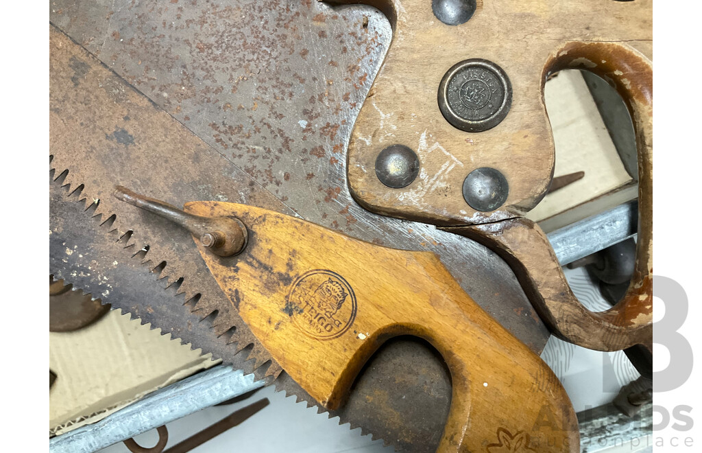 Collection of Vintage Hand and Workshop Tools Including M3 Drill Press Vice, Irwin Adjustable Forstner Bit, Wiltshire Files, Stigo and Disston Hand Saws and More