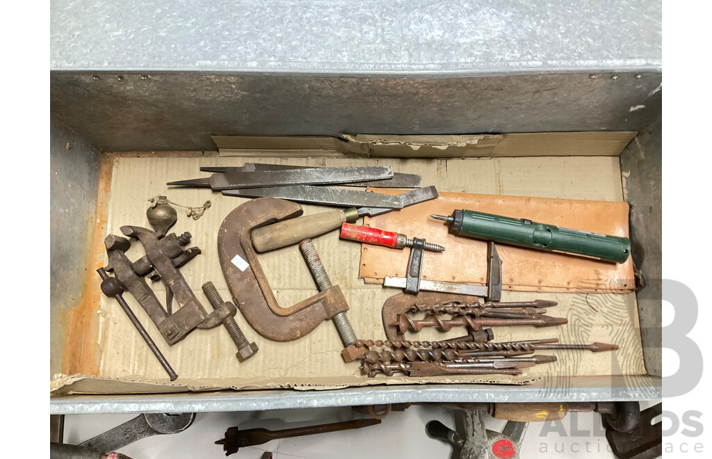Collection of Vintage Hand and Workshop Tools Including M3 Drill Press Vice, Irwin Adjustable Forstner Bit, Wiltshire Files, Stigo and Disston Hand Saws and More
