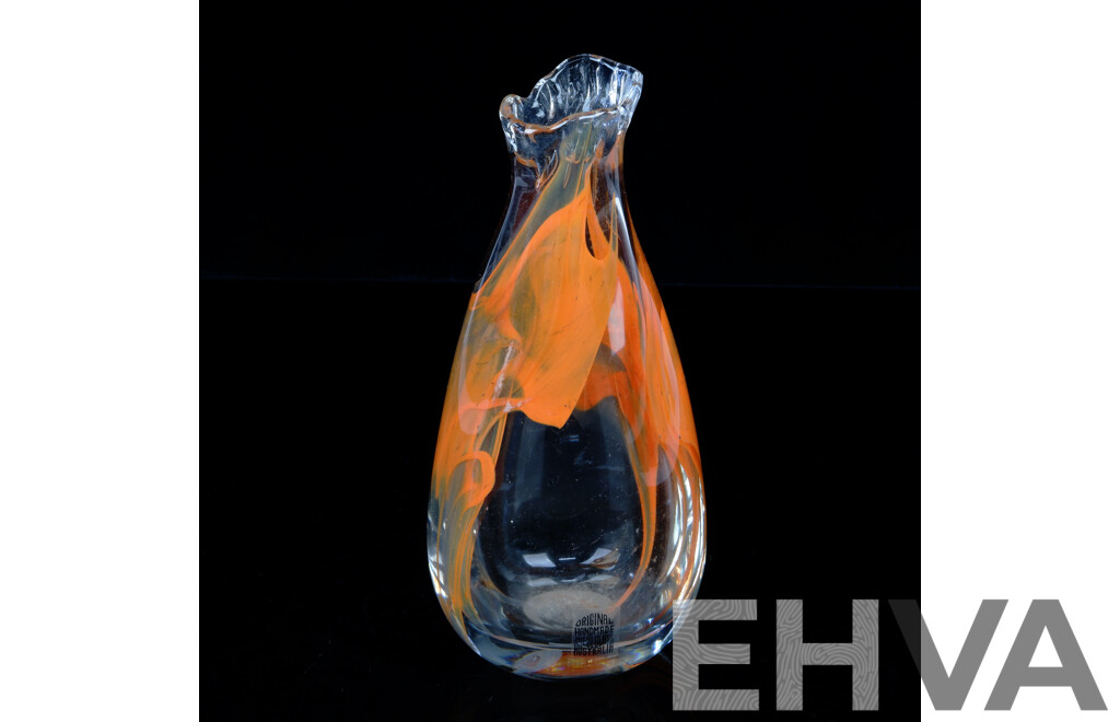 Vintage Hand Made Australian Studio Glass Vase by Helmut Hiebl of Original Hiebl Glass with Label and Signature to Base