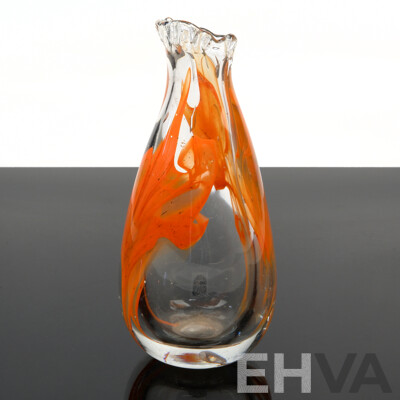 Vintage Hand Made Australian Studio Glass Vase by Helmut Hiebl of Original Hiebl Glass with Label and Signature to Base