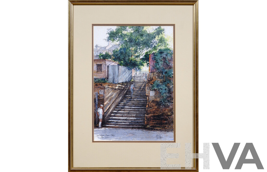 Margot Vaughan (1928-2021), Cumberland Place Steps - The Rocks, Ink & Watercolour