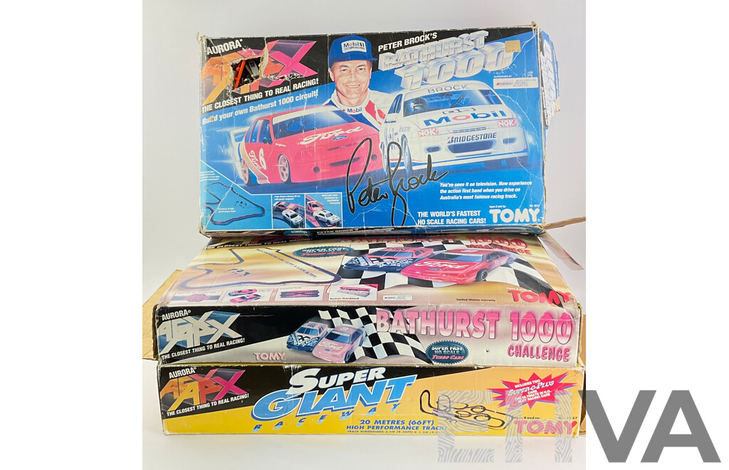 Three Vintage Tomy AFX Slot Car Sets Including Bathurst 1000 Challenge, Peter Brocks Bathurst 1000 and Super Giant Raceway