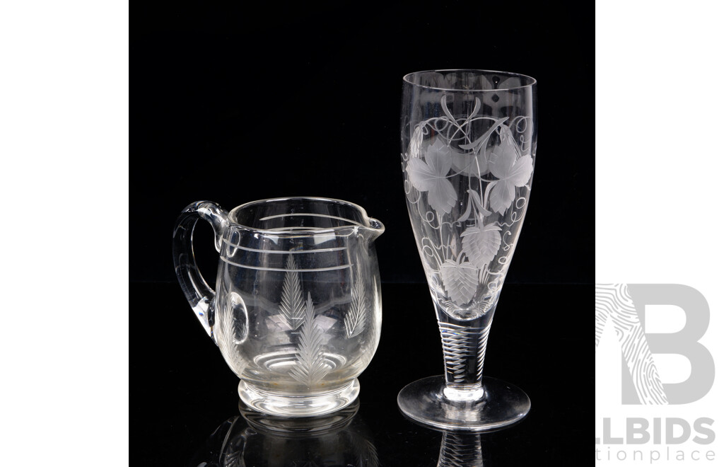 Vintage Large Stuart Crystal Goblet with Etched Design Along with Stuart Crystal Jug