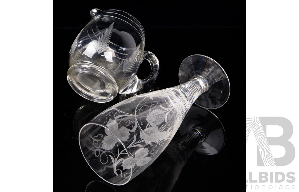 Vintage Large Stuart Crystal Goblet with Etched Design Along with Stuart Crystal Jug