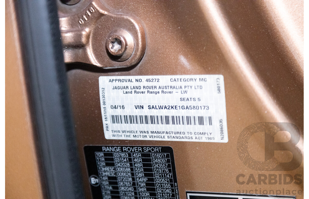 4/2016 Range Rover Range Rover Sport SDV6 SE LW MY16 (AWD) 4d Wagon Zanzibar Sunstone Copper Metallic Twin Turbo Diesel V6 3.0L
