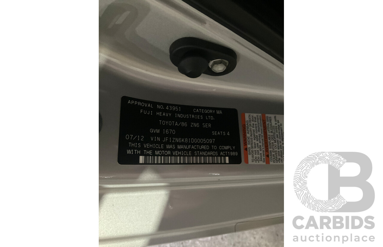 7/2012 Toyota 86 GT ZN6 2d Coupe Metallic Silver 2.0L