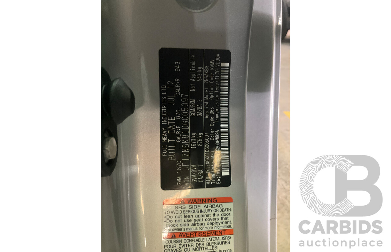 7/2012 Toyota 86 GT ZN6 2d Coupe Metallic Silver 2.0L