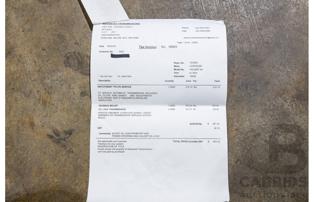 1/1972 Chrysler Valiant Regal 770 VH Hardtop 2d Coupe Hemi Orange 318ci Fireball V8 5.2L - Original Survivor Car