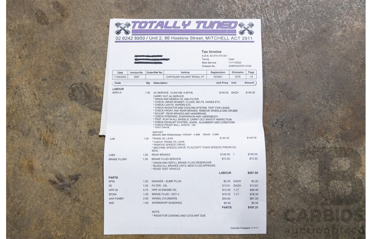 1/1972 Chrysler Valiant Regal 770 VH Hardtop 2d Coupe Hemi Orange 318ci Fireball V8 5.2L - Original Survivor Car