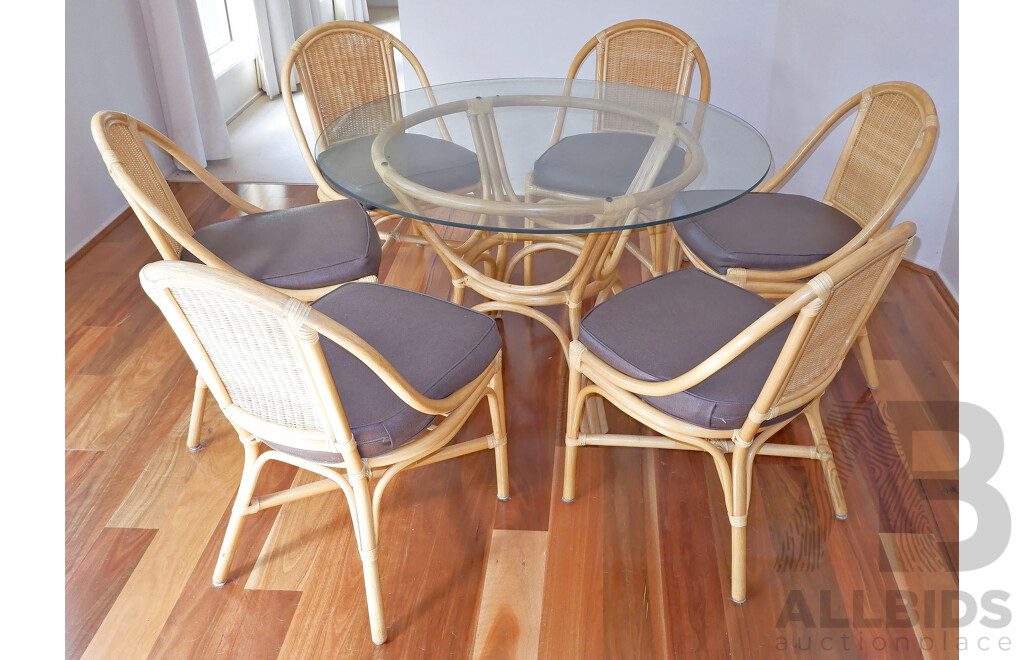 Cane and Glass Top Dining Table and 6 Chairs