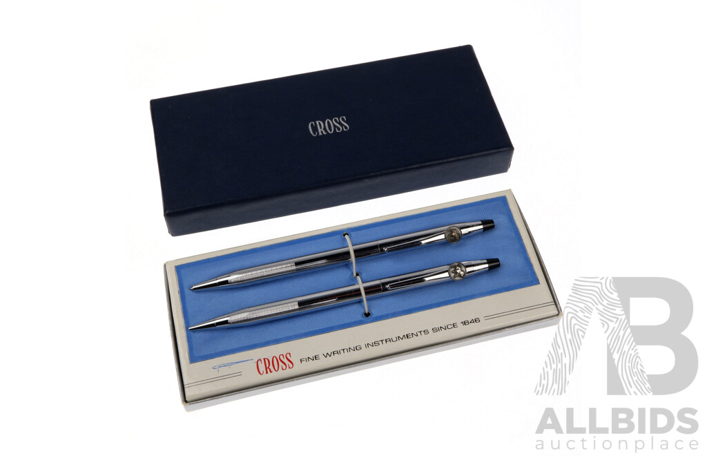 Two Cross Chrome Retractable Pencil & Ballpoint Pen Set in Original Box