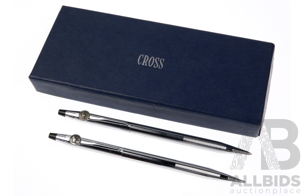 Two Cross Chrome Retractable Pencil & Ballpoint Pen Set in Original Box