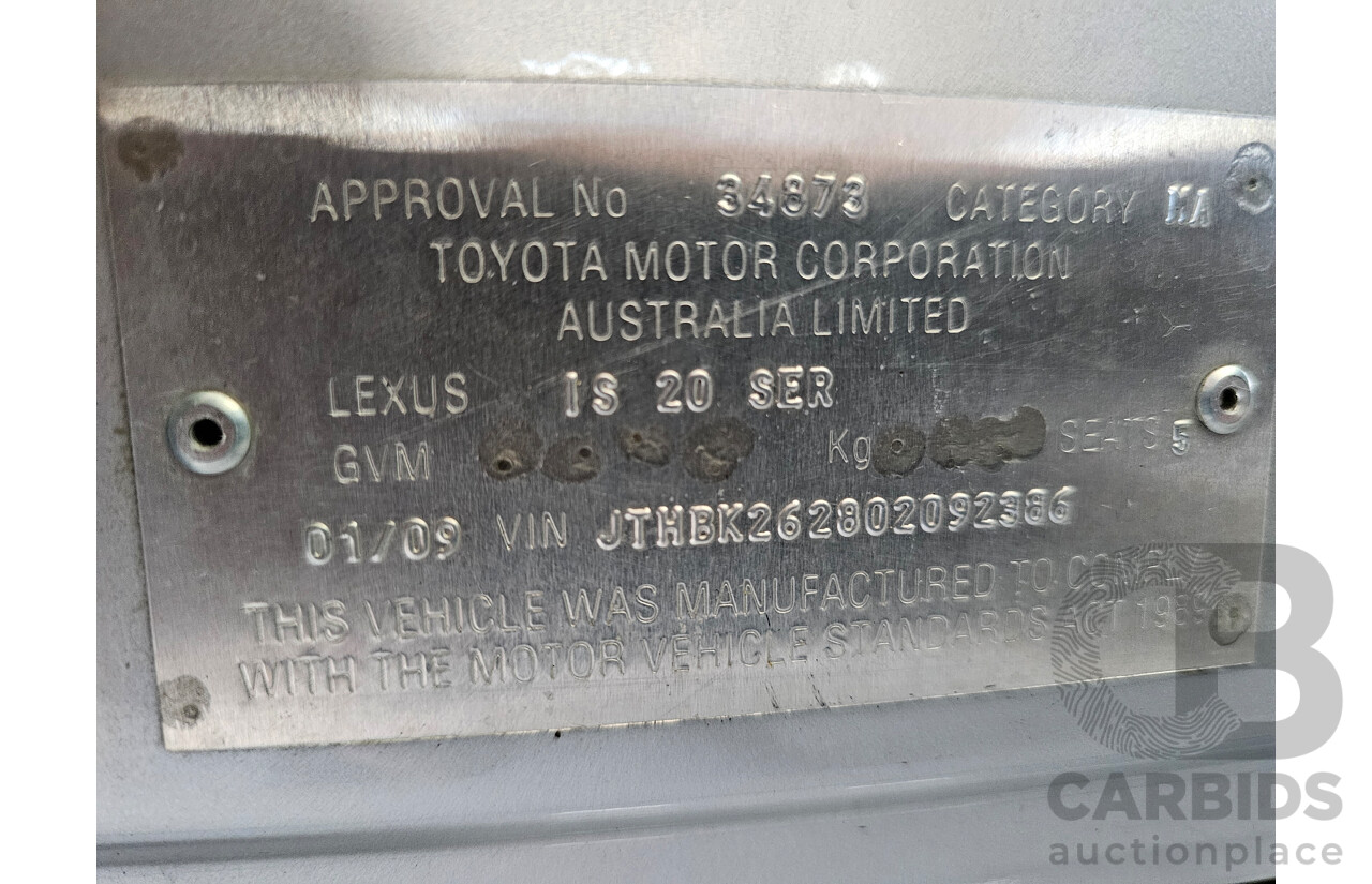 1/2009 Lexus Is250 Prestige GSE20R 08 UPGRADE 4d Sedan Silver Or Chrome 2.5L