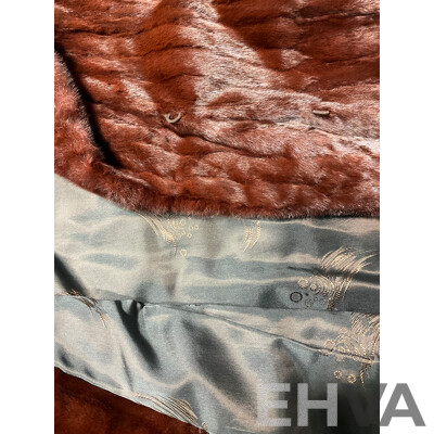 Bernhard Hammerman Chocolate Red/Brown Mink Fur Coat with Folded Collar and Cuffed Sleeves, Two Slip Pockets to Side and Black Satin Lining