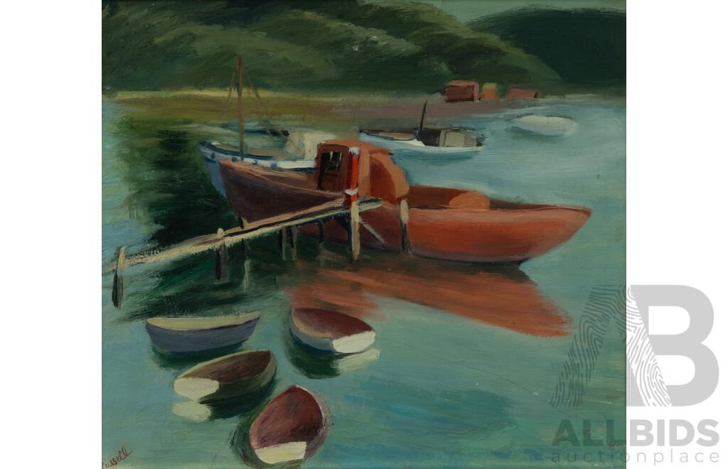 Russell, Red Boat and Jetty, Oil on Canvas