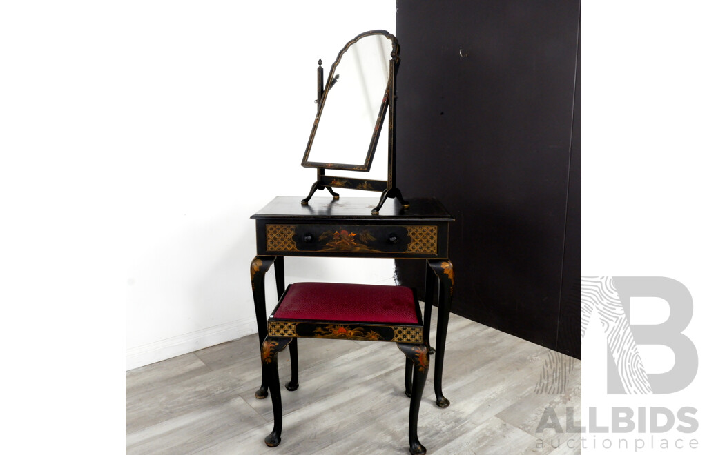 Chinese Chinoiserie Three Piece Dressing Set Including Dresser, Mirror and Stool with Japanned Finish