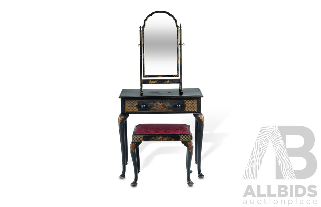 Chinese Chinoiserie Three Piece Dressing Set Including Dresser, Mirror and Stool with Japanned Finish