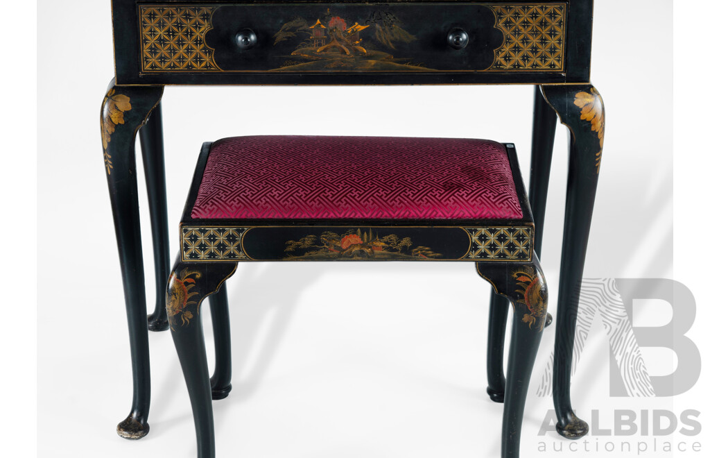 Chinese Chinoiserie Three Piece Dressing Set Including Dresser, Mirror and Stool with Japanned Finish