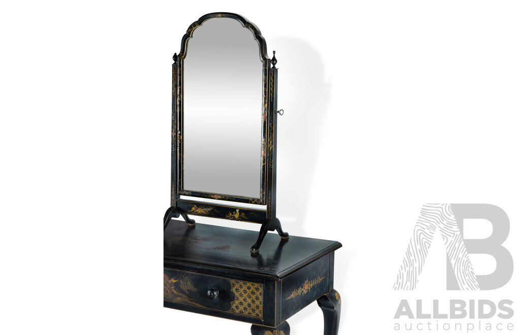 Chinese Chinoiserie Three Piece Dressing Set Including Dresser, Mirror and Stool with Japanned Finish