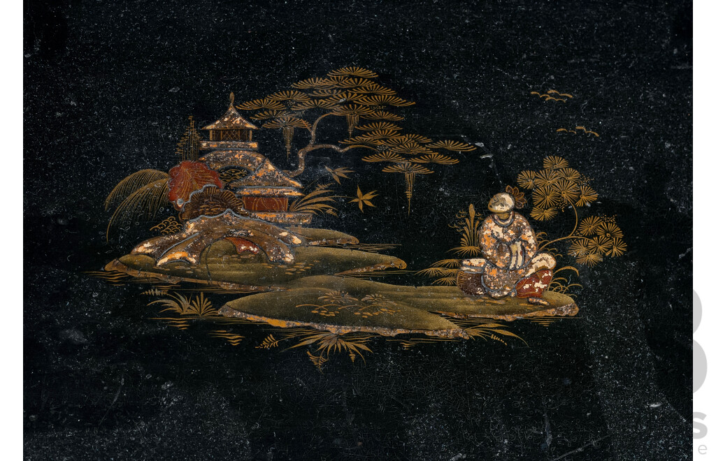 Chinese Chinoiserie Three Piece Dressing Set Including Dresser, Mirror and Stool with Japanned Finish