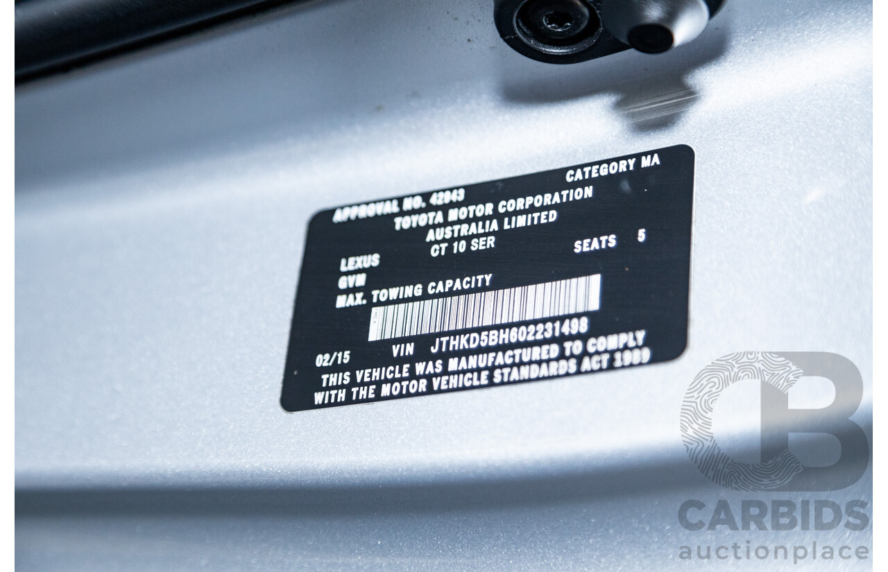 02/2015 Lexus CT 200H Hybrid Sports Luxury ZWA10R MY15 5D Hatchback Metallic Silver 1.8L