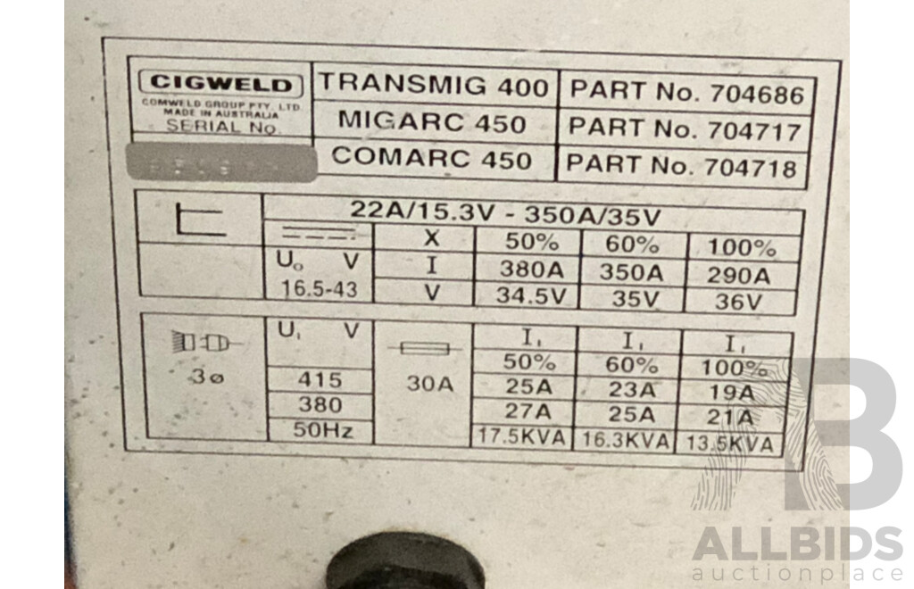 Cigweld Transmig 400 MIG Welder with Transmig 4R Wire Feeder