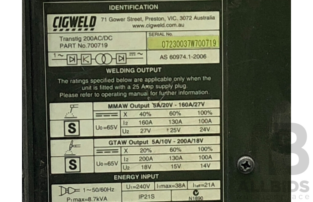 Cigweld Transtig 200AC/DC Inverter TIG Welder