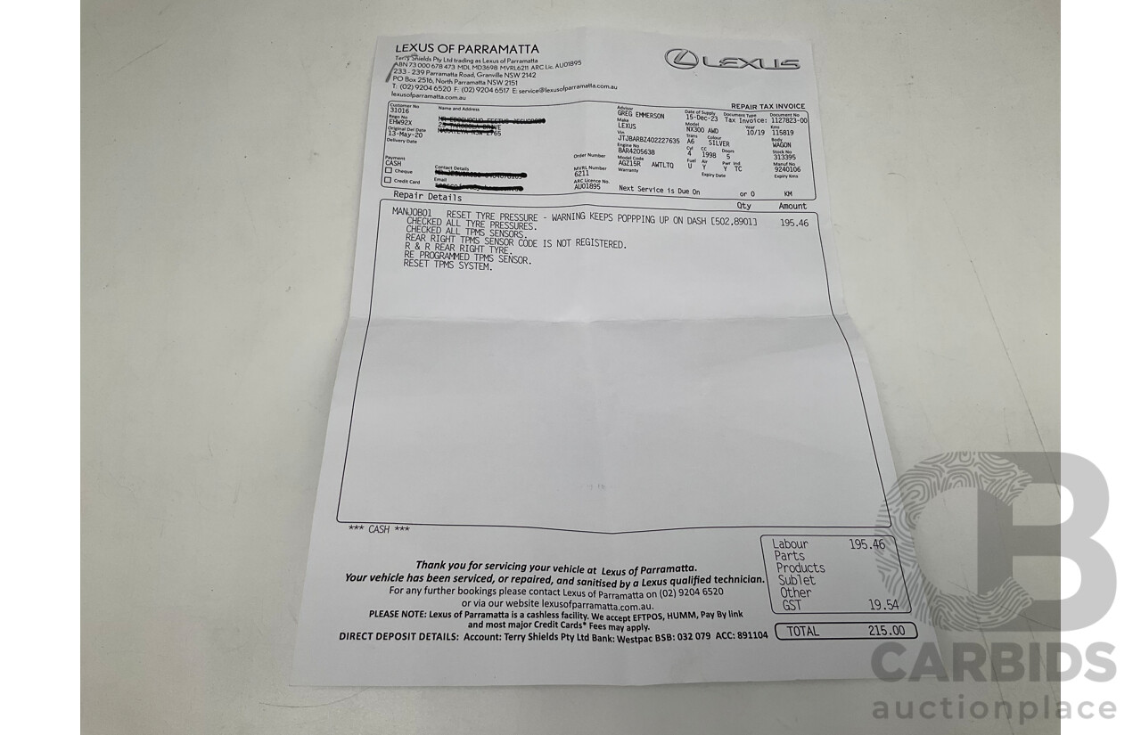 11/2019 Lexus NX300 F-Sport (AWD) AGZ10R MY20 4d Wagon Metallic Grey Turbo 2.0L