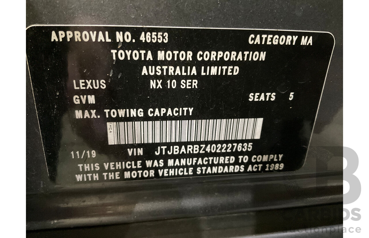11/2019 Lexus NX300 F-Sport (AWD) AGZ10R MY20 4d Wagon Metallic Grey Turbo 2.0L