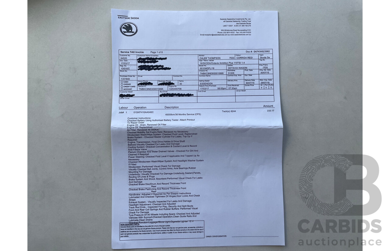 07/2015 Skoda Octavia 110 TSI AMBITION FWD NE MY16 4D Wagon Red 1.4L