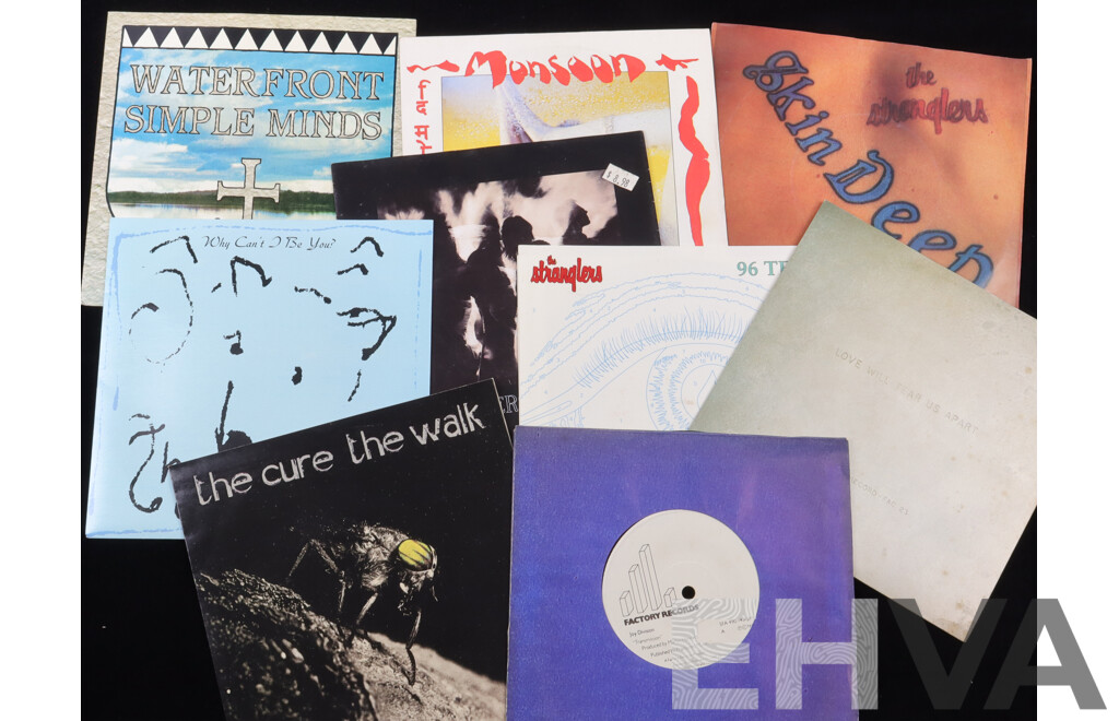 Collection Vinyl 7 Inch Single Records with Picture Sleeves of Post Punk New Wave Genres Including the Cure, the Stranglers Joy Division and More