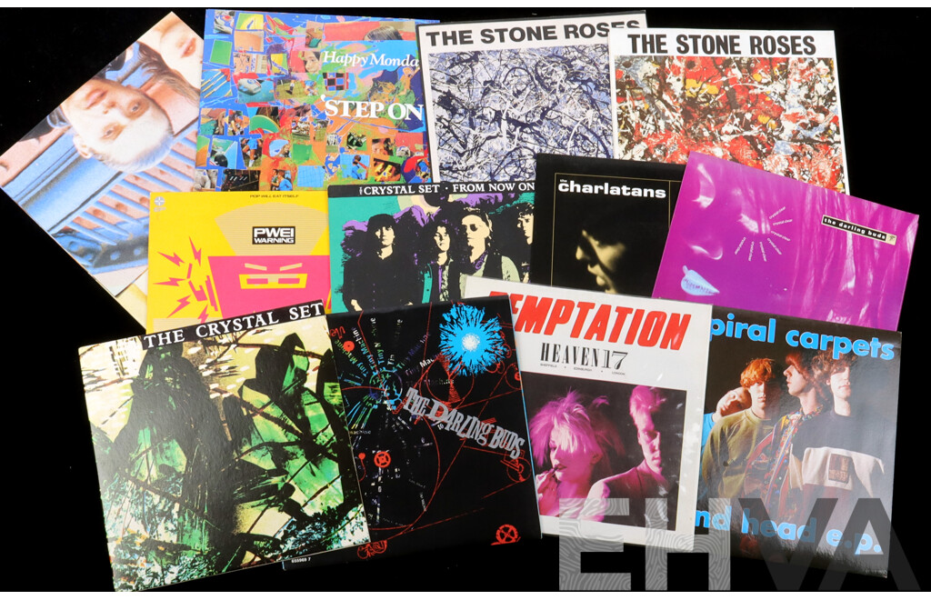 Collection Vinyl 7 Inch Single Records with Picture Sleeves of Brit Pop Manchester Sheffield Sound Genres Including the Stone Roses, Happy Mondays, Inspiral Carpets and More