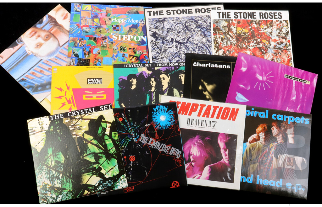 Collection Vinyl 7 Inch Single Records with Picture Sleeves of Brit Pop Manchester Sheffield Sound Genres Including the Stone Roses, Happy Mondays, Inspiral Carpets and More