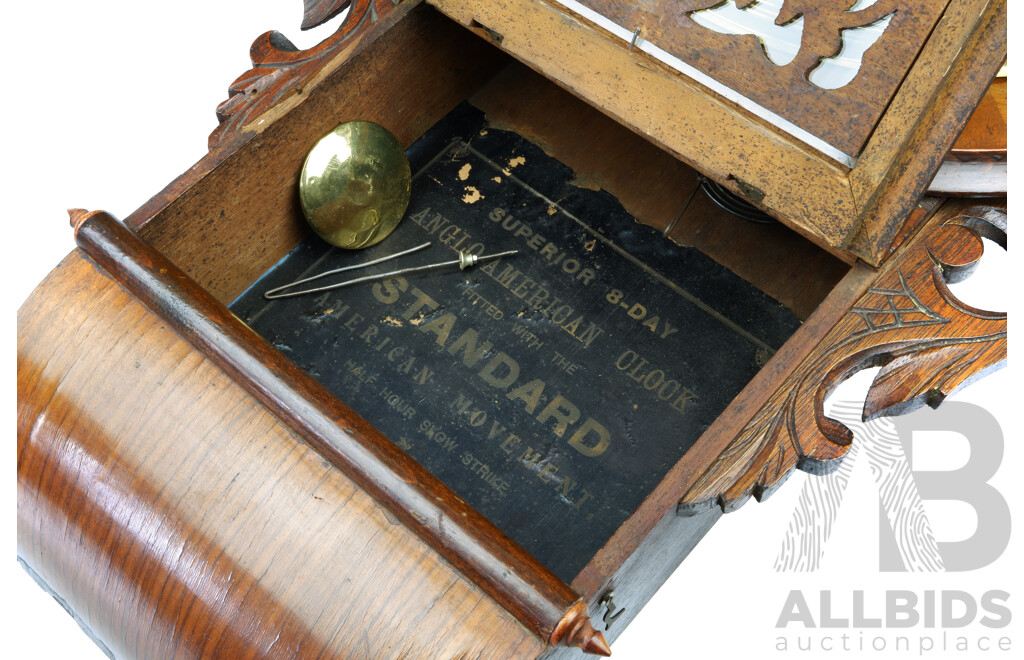 Antique Mahogany Anglo American Superior Eight Day Clock, Half Hour Slow Strike, Made in USA