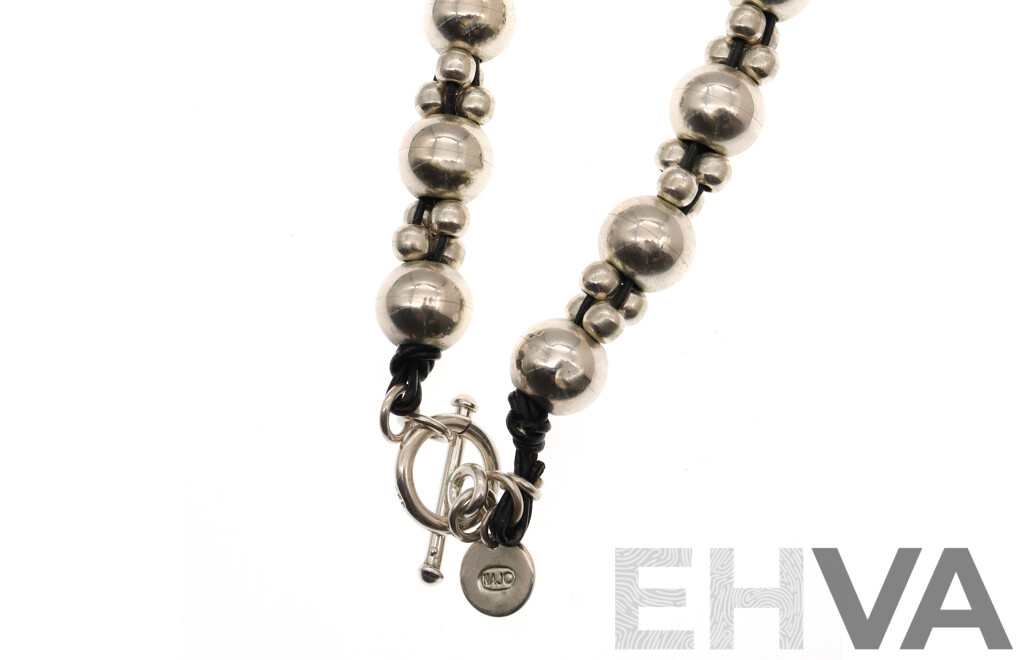 Najo Sterling Silver Beaded Necklace on Leather with T-Bar Toggle Clasp and Najo Hallmarked Charm, 80.0 Grams