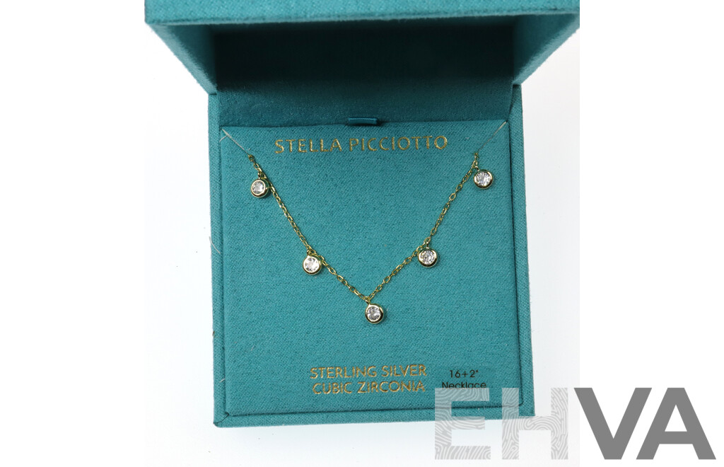 Stella Picciotto Gold Tone Sterling Silver Cubic Zirconia Necklace, 40+5cm, as New in Box