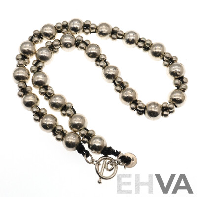 Najo Sterling Silver Beaded Necklace on Leather with T-Bar Toggle Clasp and Najo Hallmarked Charm, 80.0 Grams