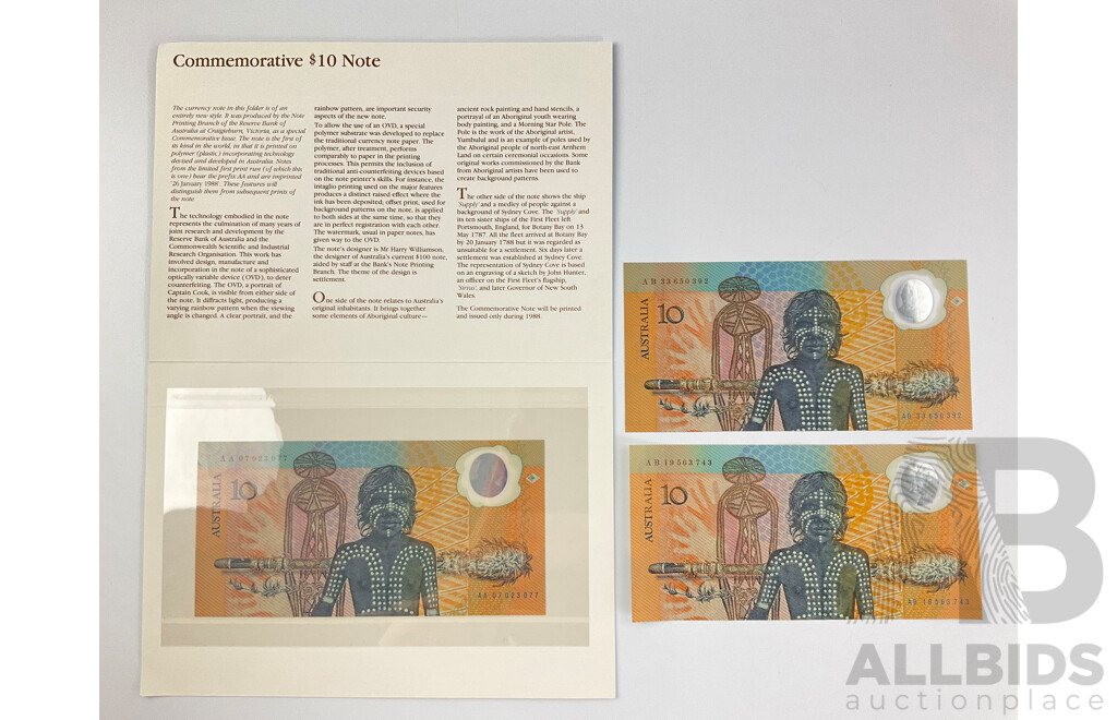 Three Australian 1988 Ten Dollar Notes, Collector Issue and AB Prefix
