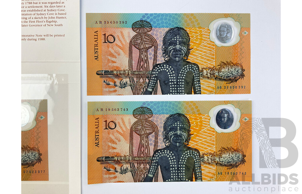 Three Australian 1988 Ten Dollar Notes, Collector Issue and AB Prefix