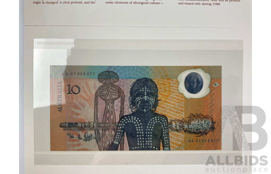 Three Australian 1988 Ten Dollar Notes, Collector Issue and AB Prefix