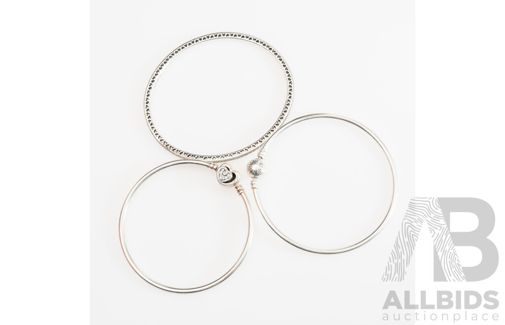 Pandora (2) Sterling Silver Moments Charm Bangles & Pandora Oval Shaped Full Hoop Bangle with CZ Gemstones, 33.93 Grams