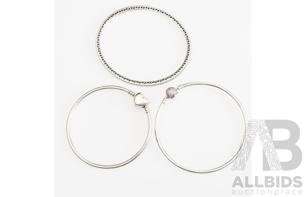 Pandora (2) Sterling Silver Moments Charm Bangles & Pandora Oval Shaped Full Hoop Bangle with CZ Gemstones, 33.93 Grams