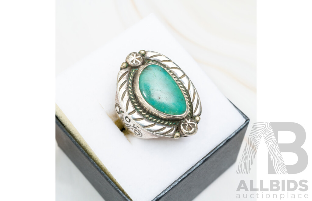 Vintage Navajo Handmade Sterling Silver Natural Turquoise Ring, Size Q, 14.0 Grams