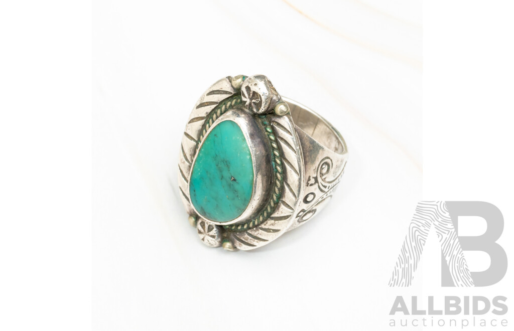 Vintage Navajo Handmade Sterling Silver Natural Turquoise Ring, Size Q, 14.0 Grams