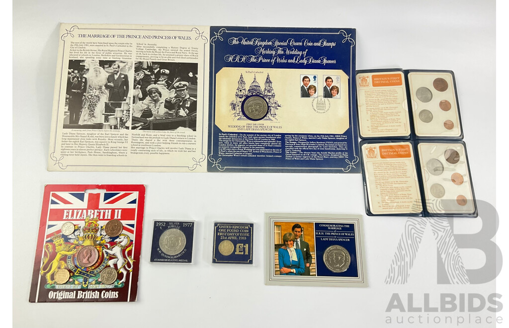 Collection of United Kingdom Coins Including Two Britain's First Decimal Coin Wallets, 1977 Silver Jubilee Medal, 1983 First Day of Issue One Pound, QE2 Original British Coins, 1981 Charles and Diana Crown and PNC