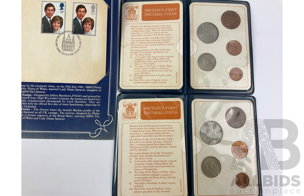 Collection of United Kingdom Coins Including Two Britain's First Decimal Coin Wallets, 1977 Silver Jubilee Medal, 1983 First Day of Issue One Pound, QE2 Original British Coins, 1981 Charles and Diana Crown and PNC