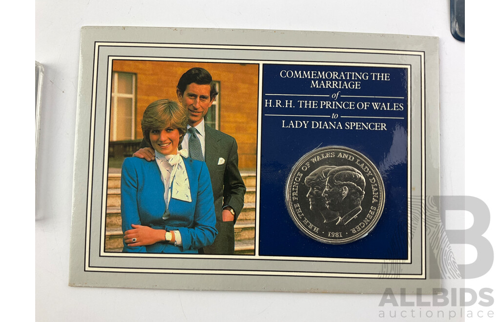 Collection of United Kingdom Coins Including Two Britain's First Decimal Coin Wallets, 1977 Silver Jubilee Medal, 1983 First Day of Issue One Pound, QE2 Original British Coins, 1981 Charles and Diana Crown and PNC