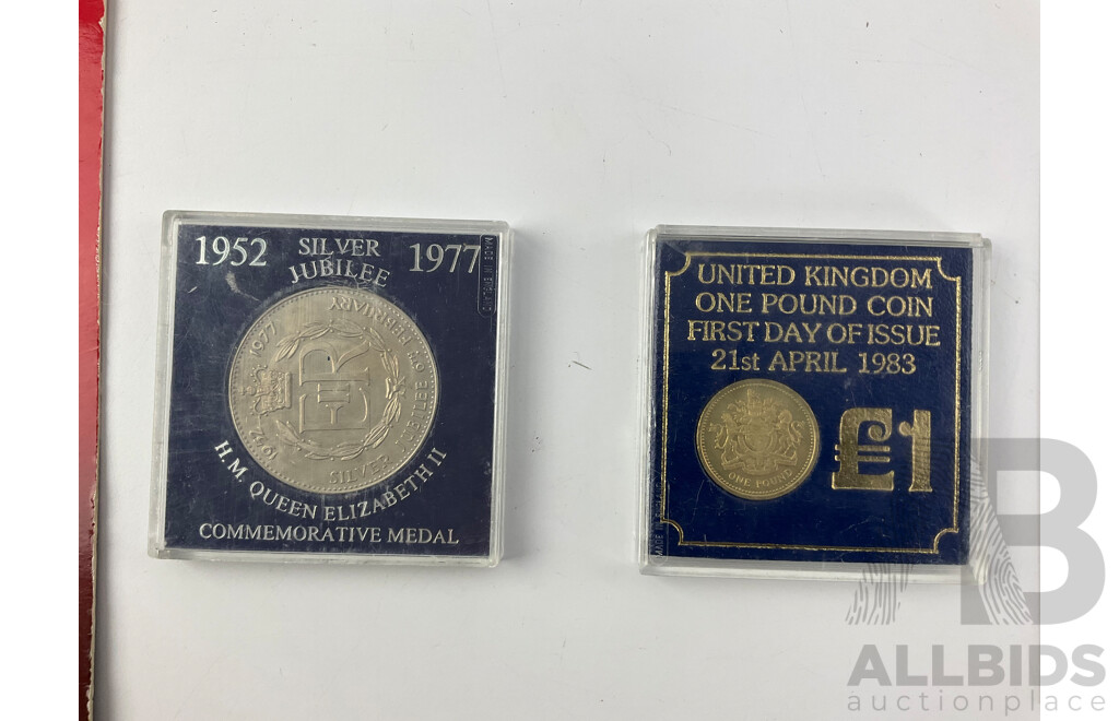 Collection of United Kingdom Coins Including Two Britain's First Decimal Coin Wallets, 1977 Silver Jubilee Medal, 1983 First Day of Issue One Pound, QE2 Original British Coins, 1981 Charles and Diana Crown and PNC