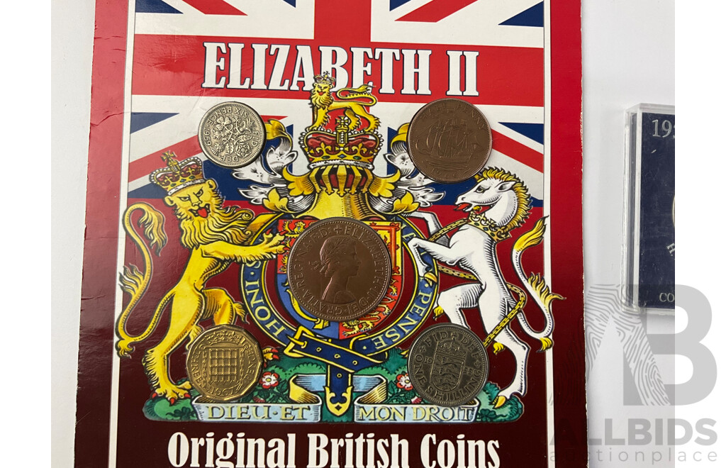Collection of United Kingdom Coins Including Two Britain's First Decimal Coin Wallets, 1977 Silver Jubilee Medal, 1983 First Day of Issue One Pound, QE2 Original British Coins, 1981 Charles and Diana Crown and PNC