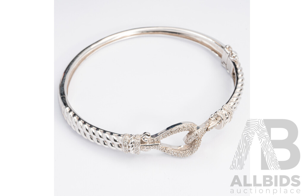 Sterling Silver Diamond Set Hinged Bangle, TDW 0.30ct, 62mm, 19.17 Grams